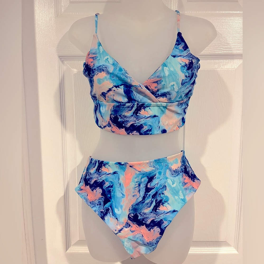 SHEIN Blue and Pink Marble Bikini Set